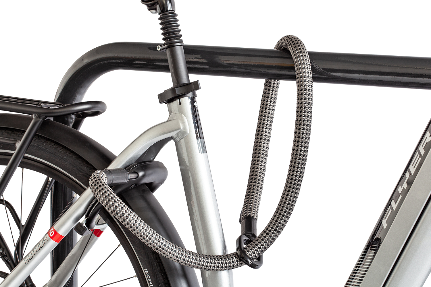 Flexible Rahmenschloss-Verlängerung tex-lock mate in grau sichert Rahmen an Fahrradständer